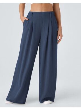 High Waisted Pocket Wide Leg Flowy Solid Palazzo Casual Linen-Feel Pants